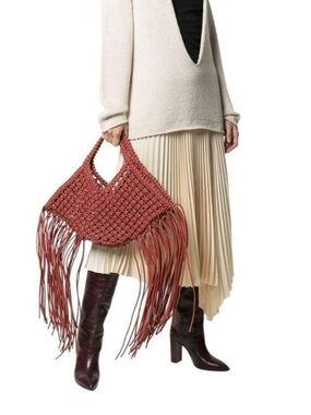 YUZEFI Handwoven Fringe Tote Basket Bag in Terracotta Colour Vegan Leather